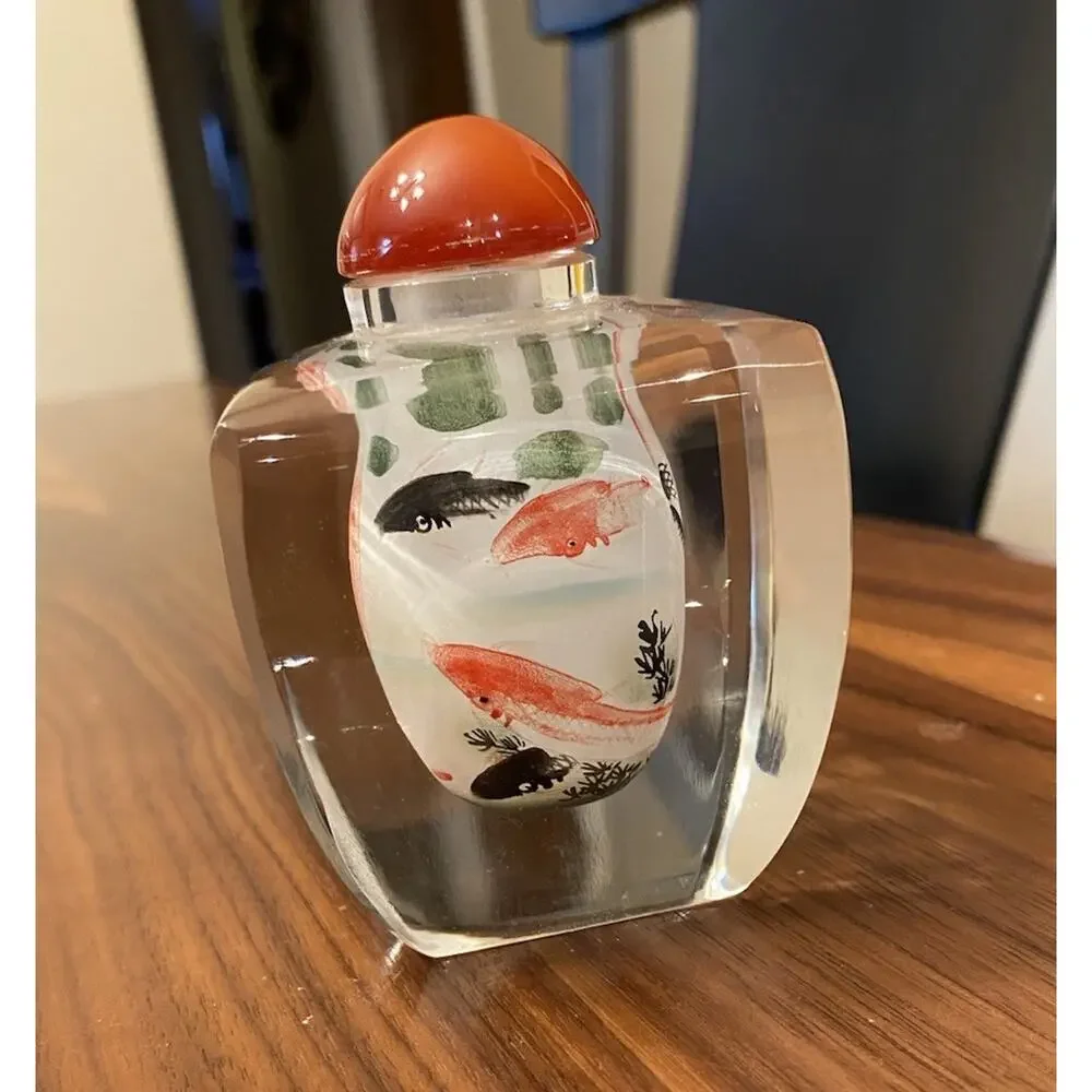 Chinese Glass Snuff Bottle Reverse Hand Painted Fish Red and Black